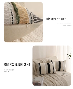 Detailed view of tufted textures and invisible zipper on bohemian woven cushion covers