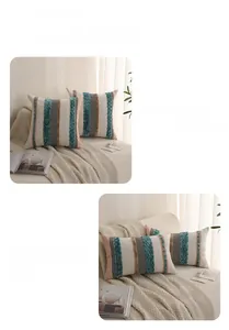 Close-up of tufted textured cushion cover with vertical stripe patterns on a cream sofa
