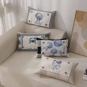 Nautical Ocean Decorative Pillowcase Canvas Rectangular Cushion Cover Sea Shell Crab Print Wooden Button For Home Sofa Decor