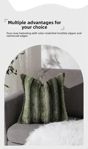 Fodera per cuscino in peluche verde scuro con trama verticale e zip invisibile