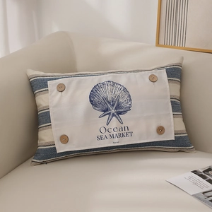 Blue striped ocean lumbar pillow with starfish print and rustic wooden buttons