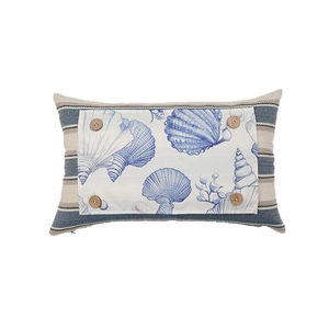 Coastal lumbar pillow with blue seashell pattern and wooden buttons in nautical style