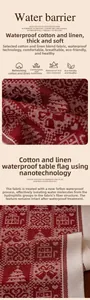 Detail of red and beige linen table runner with heart pattern and waterproof coating
