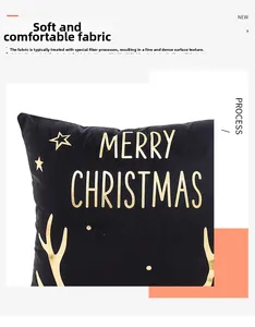 Detail of soft brushed fabric on black Christmas pillowcase with gold Merry Christmas print
