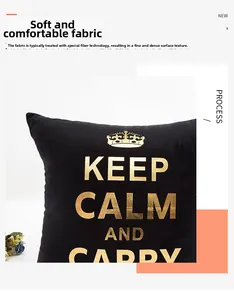 Detail of soft brushed black cushion cover with gold foil crown and text print