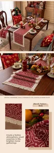 Close-up of Nordic jacquard table runner with red floral patterns and white tassels