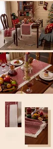 Close-up of red diamond jacquard table runner with white fringe for Christmas decor