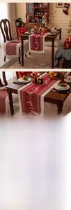 Detail view of Nordic red and white knitted table runner with reindeer motifs and tassels