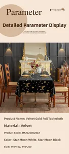 Detailed view of black velvet tablecloth with elegant gold star and moon patterns