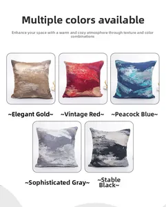 Detailed view of textured cotton pillow covers in gold, red, blue, grey, and black
