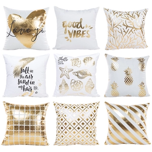 Modern Luxury Gold Stamping Decorative Pillow Case White Square Cushion Cover Heart Pineapple Shell Pattern For Sofa Home Decor