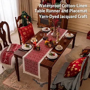 Christmas Table Runner And Placemat Set Cotton Linen Jacquard Tassel Elk Snowflake Pattern Waterproof Tablecloth For Dining Room
