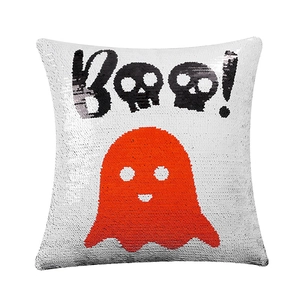 Halloween reversible sequin pillow cover with ghost pattern and BOO! text on white