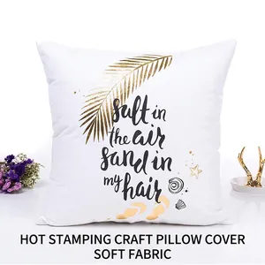 White square cushion cover with gold foil feather pattern and stylish quote