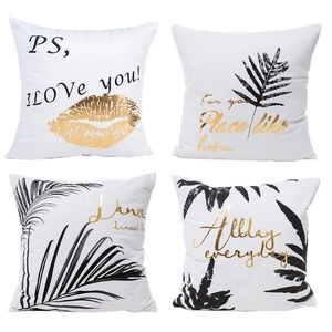 Lot de 4 housses de coussin décoratives blanches avec motifs botaniques dorés