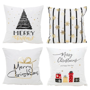 Set of four minimalist Christmas pillow covers with gold foil snowflake and tree patterns