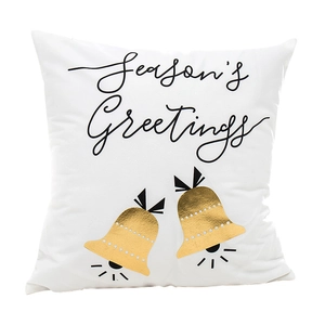 Modern white Christmas pillowcase with gold foil bells and Season's Greetings lettering