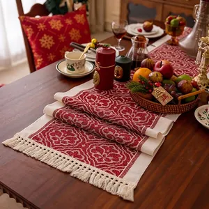 Nordic cotton linen table runner with red jacquard floral patterns and cream tassels