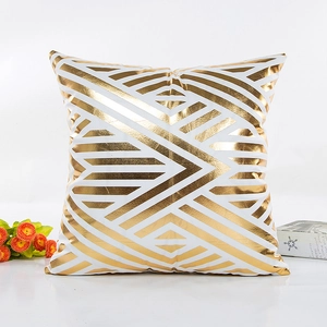 Modern white throw pillow cover with gold geometric lines and metallic foil finish