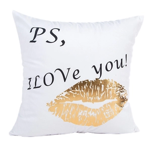 Housse de coussin blanche avec texte I Love You et motif lèvres dorées pour canapé