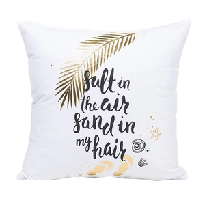 White square pillowcase with palm leaf pattern and Salt in the air sand in my hair text