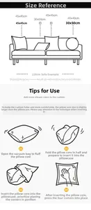 Size guide for cotton cushion covers with a 4-step easy installation instruction guide