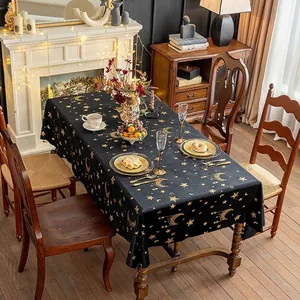Black velvet tablecloth with gold foil star and moon patterns for dining table decor