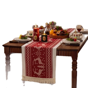 Nordic cotton linen Christmas table runner with reindeer pattern and tassels for home decor
