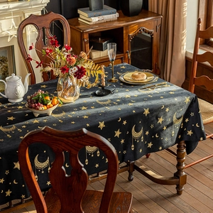 Nordic black velvet tablecloth with gold foil star and moon patterns for dining decor