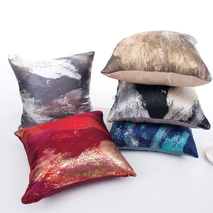 Abstract artistic cotton pillow covers set with metallic brushstroke patterns in various colors