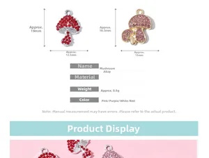 Size chart and macro view of brass mushroom charms for DIY jewelry making