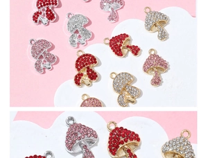 Detailed view of mushroom-shaped brass pendants with colorful sparkling rhinestones