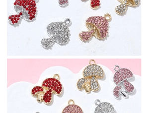 Macro detail of rhinestone-encrusted mushroom charms for DIY jewelry making