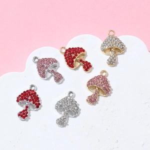 Colorful rhinestone mushroom pendants in gold and silver plating for DIY jewelry making