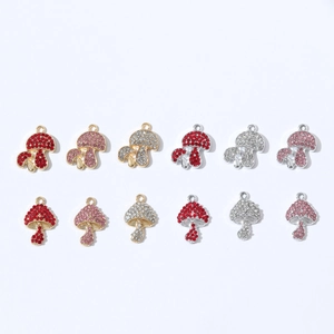 Polished brass mushroom charms with sparkling rhinestones for DIY jewelry making