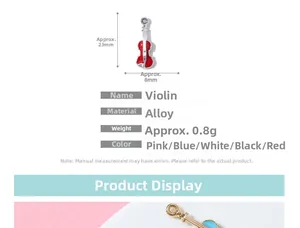 Detailed view of red enamel violin pendant with dimensions 23mm height and 8mm width