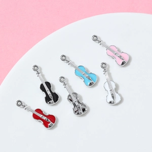 Fashionable violin pendant necklaces in six assorted enamel colors on a display tray