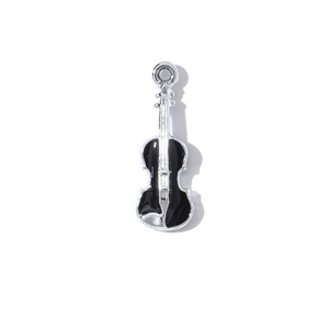 Fashionable silver violin pendant with black enamel inlay on a clean white background