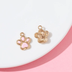 Pink cat paw charm with gold alloy base and colorful glitter for DIY jewelry making