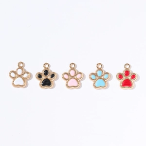 Set of five colorful glitter cat and dog paw charm pendants in alloy with gold finish