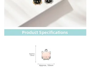 Detailed view of enamel cat charms in black and pink with 12x10mm measurement display