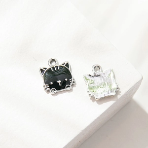 Cartoon kitten alloy charm pendant with black enamel finish for DIY jewelry making
