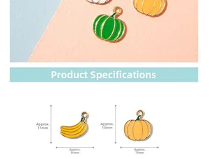Dimensions détaillées des breloques banane et citrouille en alliage pour création de bijoux