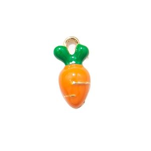 Cute carrot enamel pendant with orange body and green leaves on gold metal loop