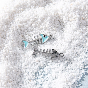 Cartoon fishbone alloy charms with blue enamel and silver finish for DIY jewelry