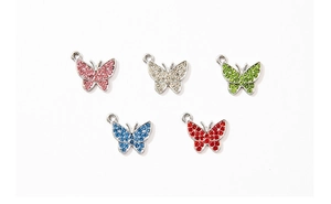 Close-up of butterfly pendant charms with colorful rhinestones in five vibrant colors