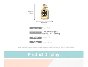 Detailed size chart of a 20x8mm gold alloy perfume bottle pendant with camellia relief