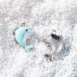 Pair of blue enamel dolphin pendant charms for DIY jewelry making in polished finish