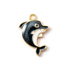 Cartoon dolphin pendant charm with black and white enamel and golden metal plating