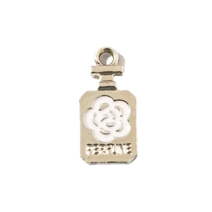 Golden perfume bottle charm with white camellia flower and PERFUME engraving for jewelry DIY